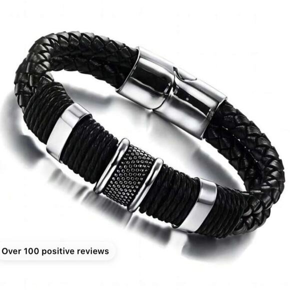 BLACK STAINLESS STEEL LEATHER BRACELET - Picture 3 of 3